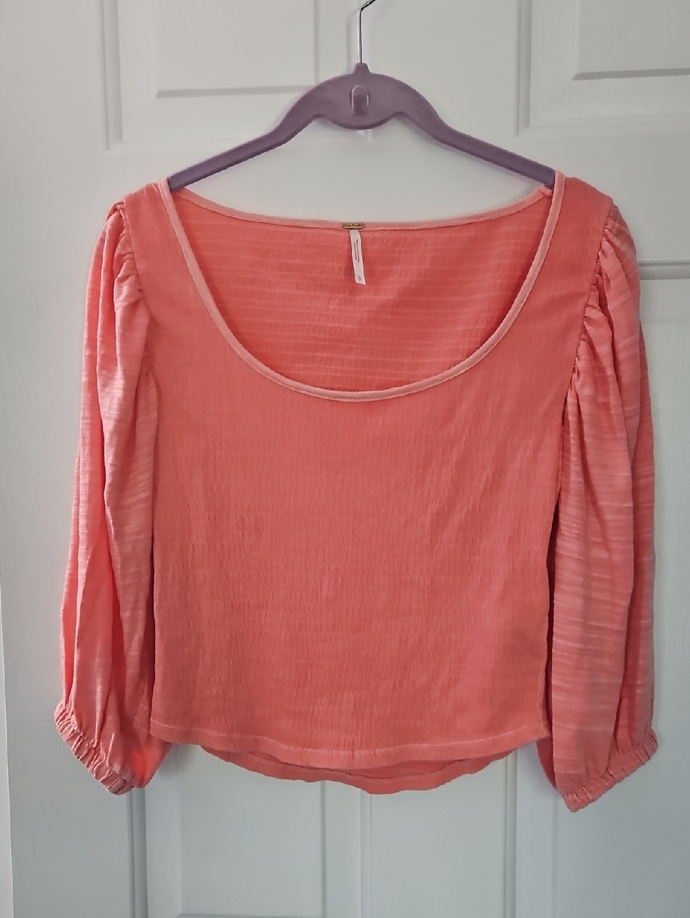 Free People Coral Puff-Sleeve Scoop Neck Blouse